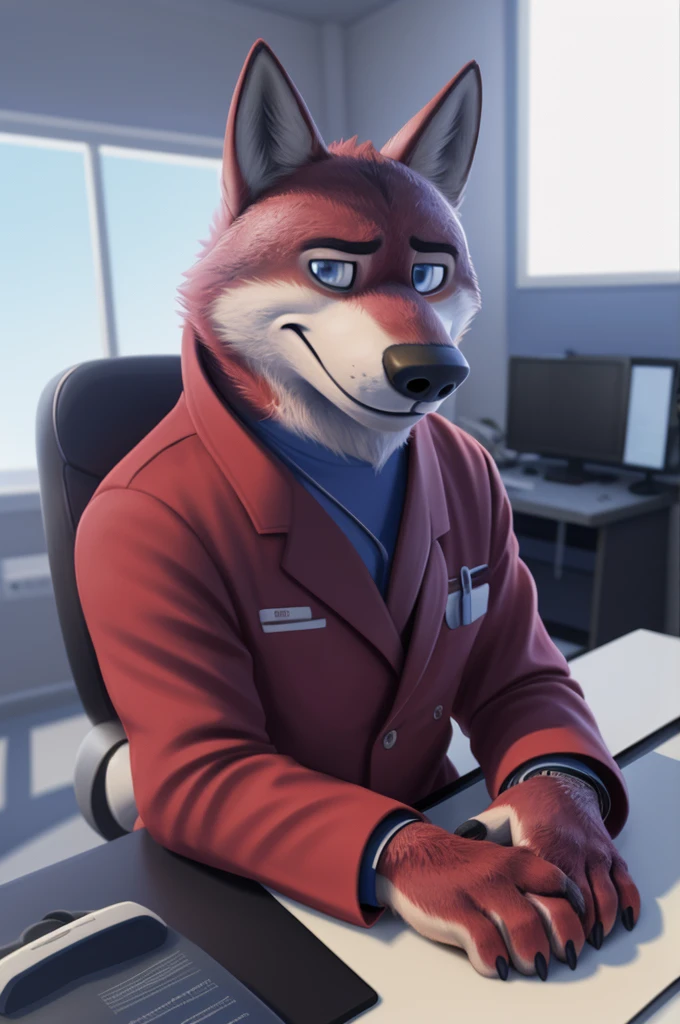 Joachim Wolfbach (Zootopia),tall handsome, wolf,young, 24 years, brown fur,(red body:1.3),Blue eyes, Moscow Dressed,red cassock, red headdress,in a medical suit, BLUE, stethoscope, cardiac surgeon,canine, wolf, detailed fur, Male, antro, paw pads, finger claws,Prays, at viewer, 5 fingers, paws, 5 fingers, smile, happy, resting, wrist watch, т nextel, sitting in his office at home, by xenoforge, (difficult, high detail, digital, photo, soft focus, RAW, pilot by training,ulba, tender, good, sincere photorealism, realistic, photorealistic, analog style, subsurface scattering, 
masterpiece, Best quality, ultra realistic, 8 K)