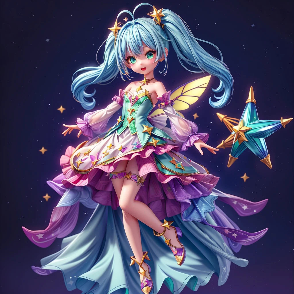 1girginal and unique cute hairstyle、Star Fairy、Star incarnation、Character design front view、A picture facing the viewer、(((Super detailed、Highest quality、Masterpiece)))、Original cute hairstyle、Milky white and blue hair color、Simple Green Background、vtuber-fullbody,