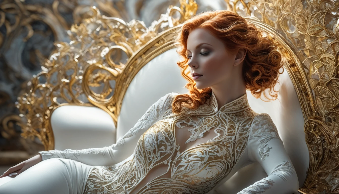 



photo, 8k ((surréaliste)) statue d'une sublime femme rousse extraterrestre en marbre blanc alangui sur un sofa, plan large, corps entier, souriante et radieuse, bustier incrusté de fines dentelles complexe fractal, bustier effet push-up, complexe, élégante et sensuelle, très détaillé, majestueuse, digital photography, art by artgerm and ruan jia and greg rutkowski surréaliste painting gold and silver filigree, (cheveux verts très long), verre brisé, (chef-d'oeuvre artistique, Éclairage latéral, HDR, Réaliste, HD), énorme poitrine
















