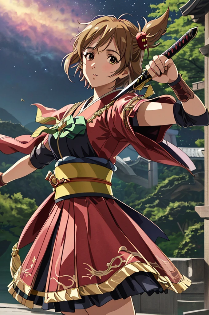 Highest quality，High resolution， (((Haruka Amami))) ，((Idolmaster)) ，（fan），One person，warrior，（Red_coat），kimono，woman，One personで，strongest，Anime Style，（Milky Way_background），(Limbs)，(Full Finger)，(Accurate fingertips), (The finer details), (Super detailed)，(Japanese sword:)，4K，(high resolution)，whole body, (Front angle), Looking at the camera,masterpiece，(Subtle details)，(Intricate details)，Octane Rendering，(Hyper Detail)，