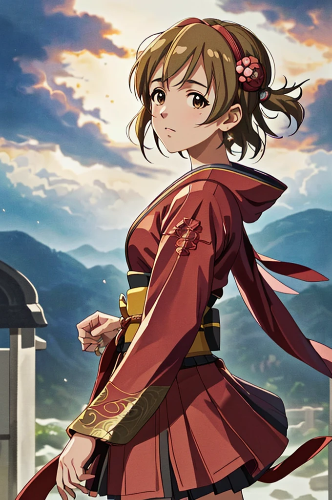 Highest quality，High resolution， (((Haruka Amami))) ，((Idolmaster)) ，（fan），One person，warrior，（Red_coat），kimono，woman，One personで，strongest，Anime Style，（Milky Way_background），(Limbs)，(Full Finger)，(Accurate fingertips), (The finer details), (Super detailed)，(Japanese sword:)，4K，(high resolution)，whole body, (Front angle), Looking at the camera,masterpiece，(Subtle details)，(Intricate details)，Octane Rendering，(Hyper Detail)，