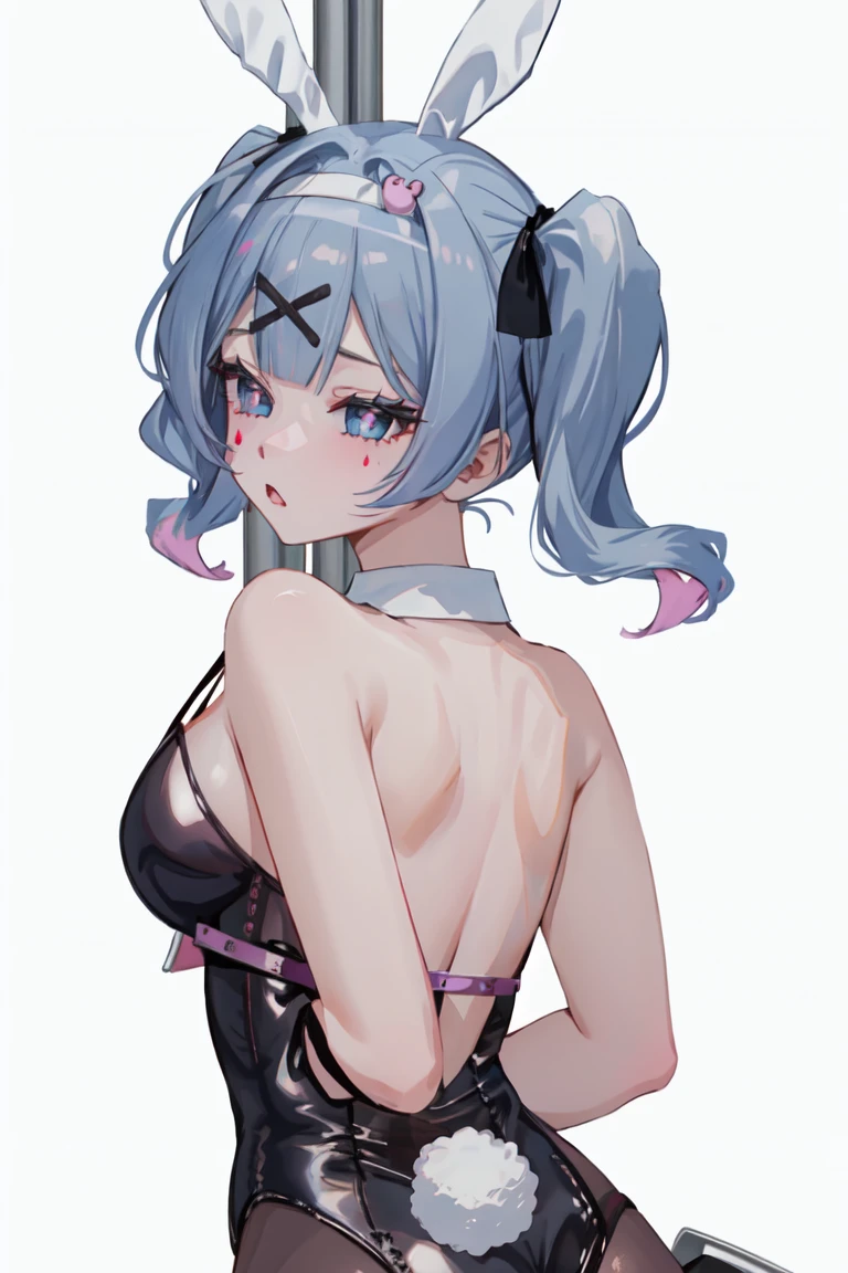 hatsune miku, hair ornament, blue hair, rabbit ears, playboy bunny, twintails, bangs, leotard, blue eyes, x hair ornament, detached collar, pink background, simple background,, (masterpiece, best quality, high quality, highres, ultra-detailed)Hatsune Miku, latex clothes, back view,아름다움 엉덩이,