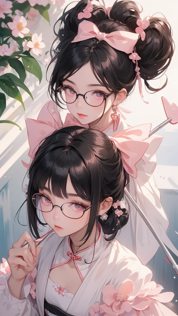 Bblack hair, , (( round glasses )) (light pink eyes), ((White bows in the hair)), imperial chinese hairstyle, gorgeous face, looking to the down, view from above. holding a giant rustic paintbrush in his hand