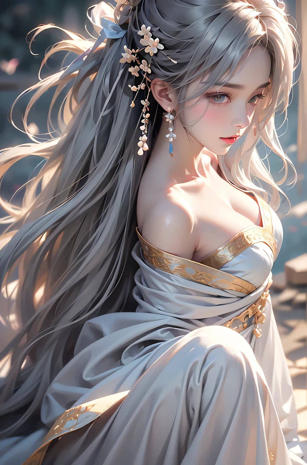 ((Above the knees image:1.3))super high quality, masterpiece, Perfect illustration, Very detailed (Exquisite light and shadow, Very dramatic photo,Backlight) , ((Gray Hair:1.5))1 Girl,(( alone:1.6)), (Wearing Han clothes, Black Hanfu,Monotony,Long sleeve、Gorgeous costumes、Highly decorated Hanfu) Flower Field, Flowers, (White smoke:1.3) (Realistic:1.4), Zen Intertwining, Tangled, Official Art, unity 8k wallpaper, Very detailed, Beautiful and beautiful, masterpiece, Highest quality, (Dynamic Angle: 1.4), Glowing Skin, (Floating colorful flashes: 1) The most beautiful chaotic shapes, elegant, Brutalist Design, Bright colors, Romantic Depth of Field Exotic_dance, half_naked、Expose your shoulders、Ample breasts、Great cleavage、Dynamic pose、Backlight,((from back side))
