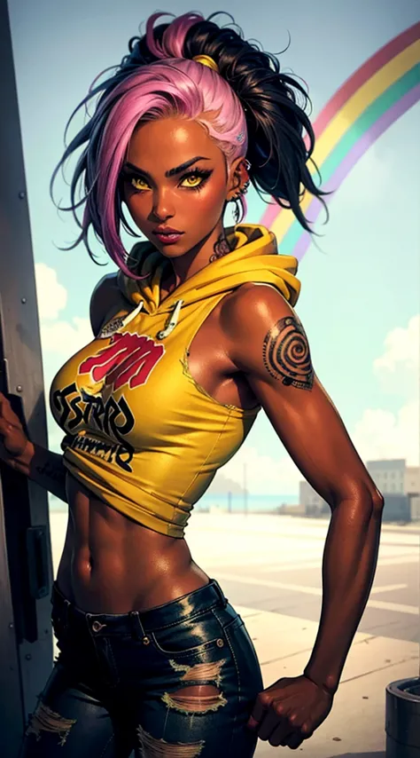 the most beautiful and sexy punk rock girl, rainbow hair, yellow eyes, dark skin, wear a hoodie, graphic t-shirt and torn skinny...