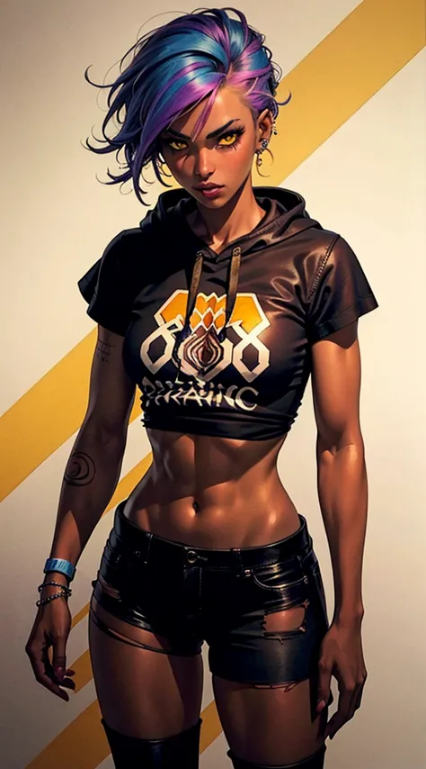 the most beautiful and sexy punk rock girl, rainbow hair, yellow eyes, dark skin, wear a hoodie, graphic t-shirt and torn skinny...