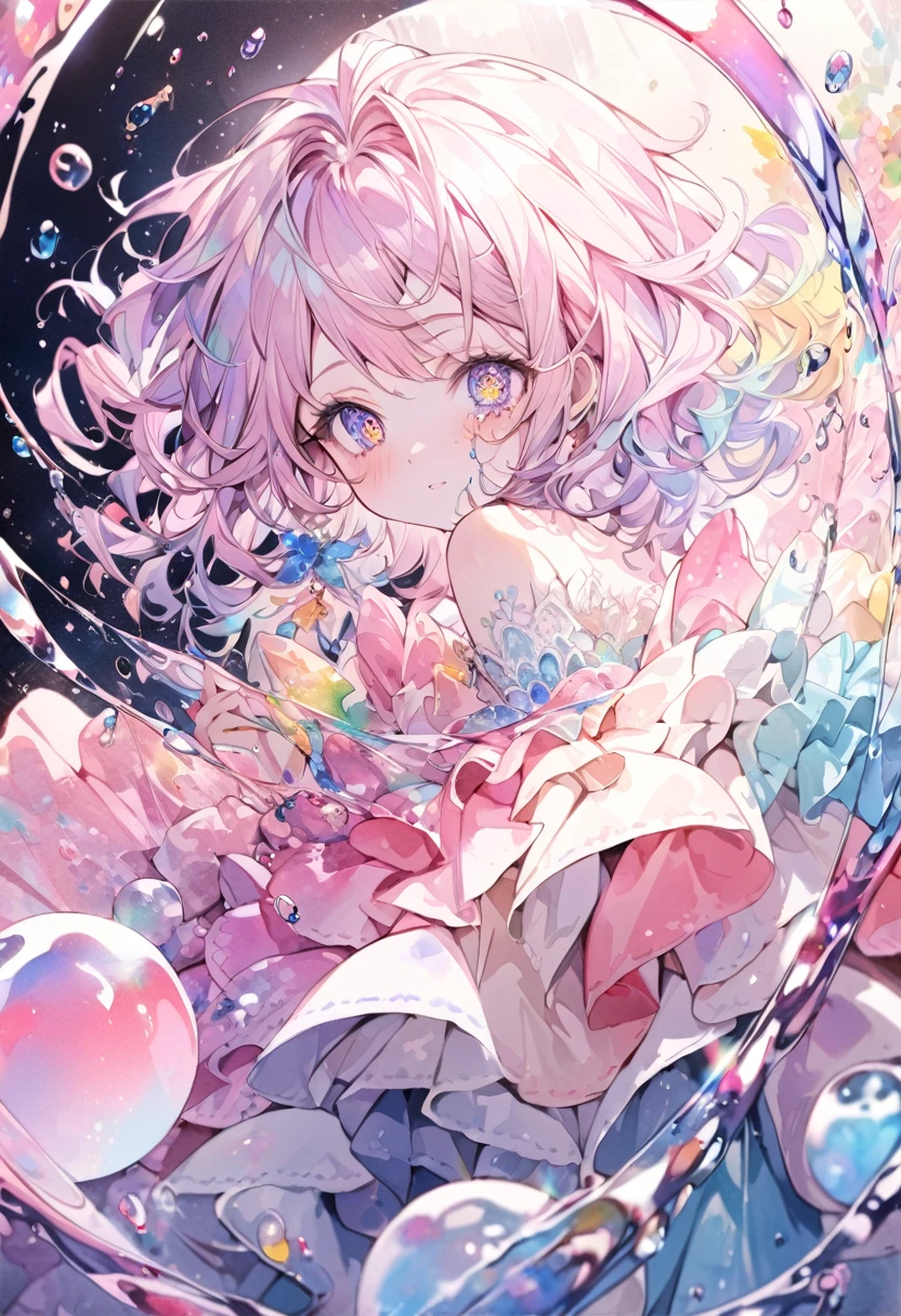 masterpiece, Highest quality, 8k resolution, Sharp focus, Intricate details, beautiful girl, Sparkling eyes, Golden ratio face, Otherworldly liquid, watercolor, ((pastel colour)), Bright colors, Whimsical, colorful, Sharp focus, High resolution, The finer details, ((Layered ball gown)), Rainbow bubbles