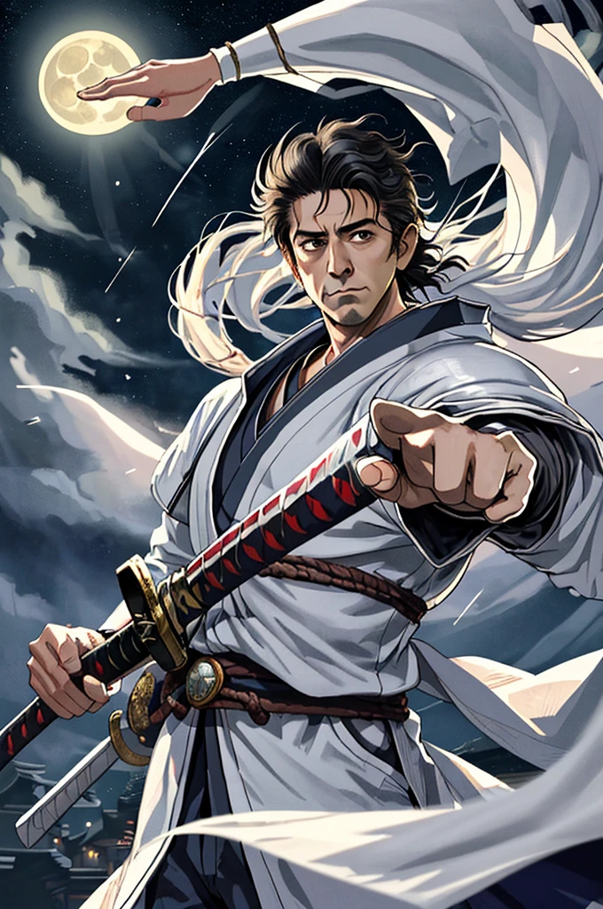 Highest quality，High resolution， (((Moonlight Mask))) ，((Shinzo Abe)) ，Fist of the North Star，One person，warrior，（white_coat），kimono，male，Middle Age，One personで，strongest，Anime Style，（Night Sky_background），(Limbs)，(Full Finger)，(Accurate fingertips), (The finer details), (Super detailed)，(Japanese sword:)，4K，(high resolution)，whole body, (Front angle), Looking at the camera,masterpiece，(Subtle details)，(Intricate details)，Octane Rendering，(Hyper Detail)，