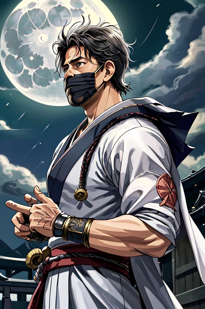 Highest quality，High resolution， (((Moonlight Mask))) ，((Shinzo Abe)) ，Fist of the North Star，One person，warrior，（white_coat），kimono，male，Middle Age，One personで，strongest，Anime Style，（Night Sky_background），(Limbs)，(Full Finger)，(Accurate fingertips), (The finer details), (Super detailed)，(Japanese sword:)，4K，(high resolution)，whole body, (Front angle), Looking at the camera,masterpiece，(Subtle details)，(Intricate details)，Octane Rendering，(Hyper Detail)，