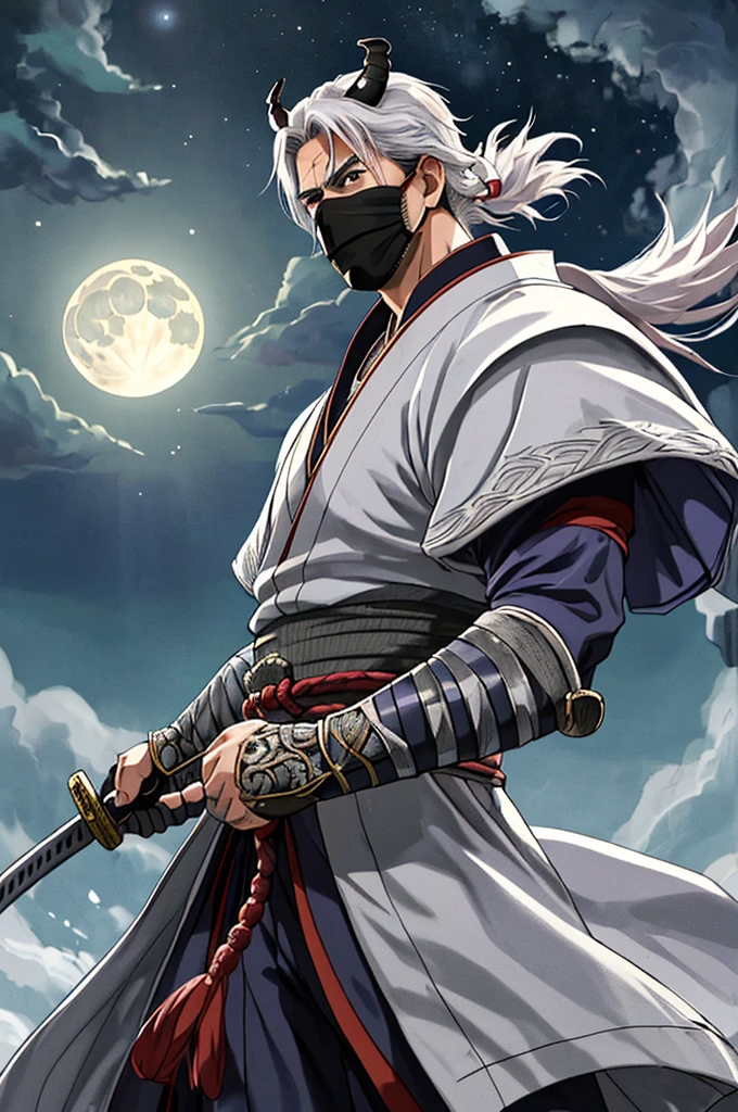 Highest quality，High resolution， (((Moonlight Mask))) ，((Shinzo Abe)) ，Fist of the North Star，One person，warrior，（white_coat），turbaned，mask，kimono，male，Middle Age，One personで，strongest，Anime Style，（Night Sky_background），(Limbs)，(Full Finger)，(Accurate fingertips), (The finer details), (Super detailed)，(Japanese sword:)，4K，(high resolution)，whole body, (Front angle), Looking at the camera,masterpiece，(Subtle details)，(Intricate details)，Octane Rendering，(Hyper Detail)，