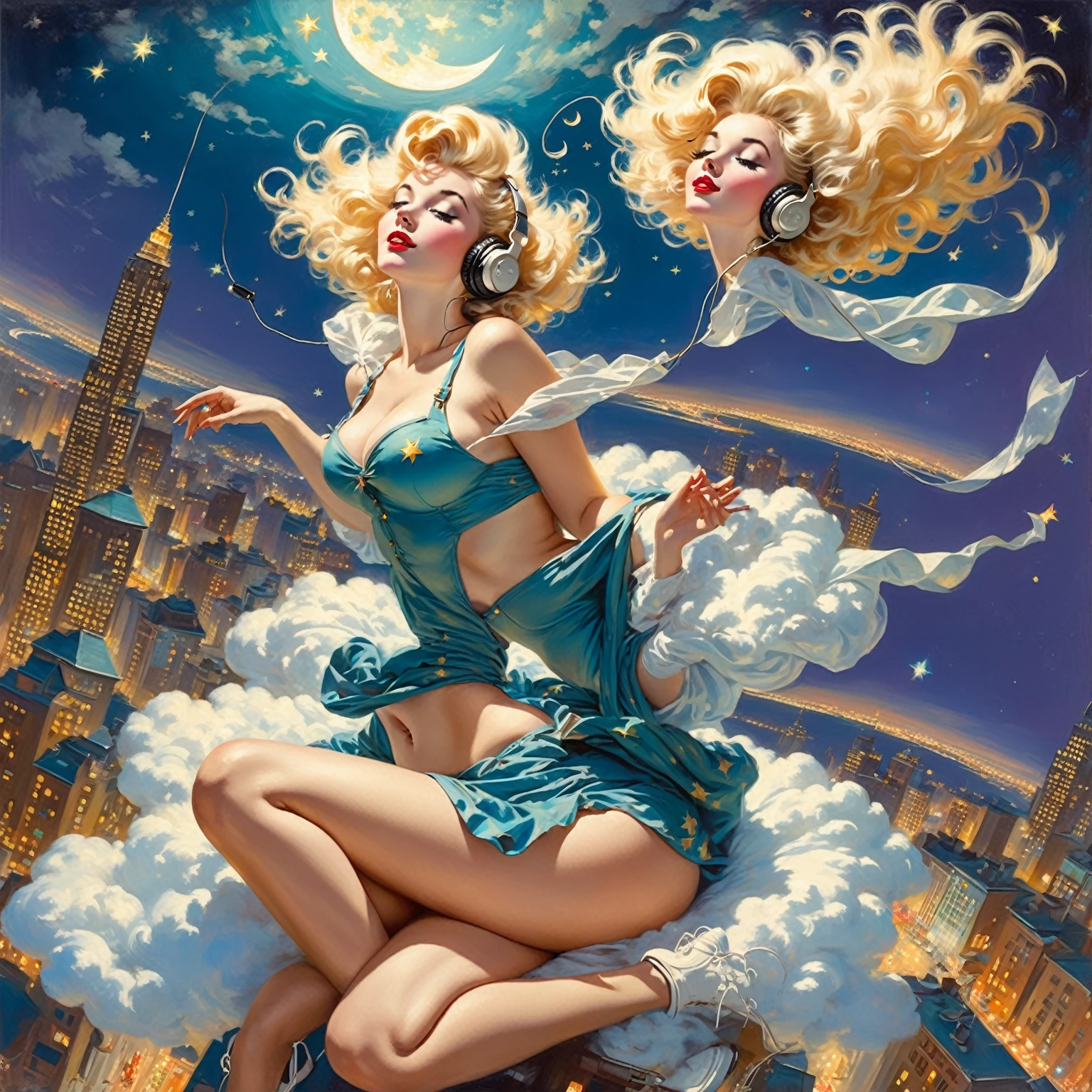 A Gil Elvgren pin-up style painting of a beautiful blonde woman with big messy hair,  floating on a cloud gracefully laying on the cloud, wearing headphones, with moon light, twinkling stars and stardust, vibrant and colorful, full body shot, looking down at a small city at night, cityscape 