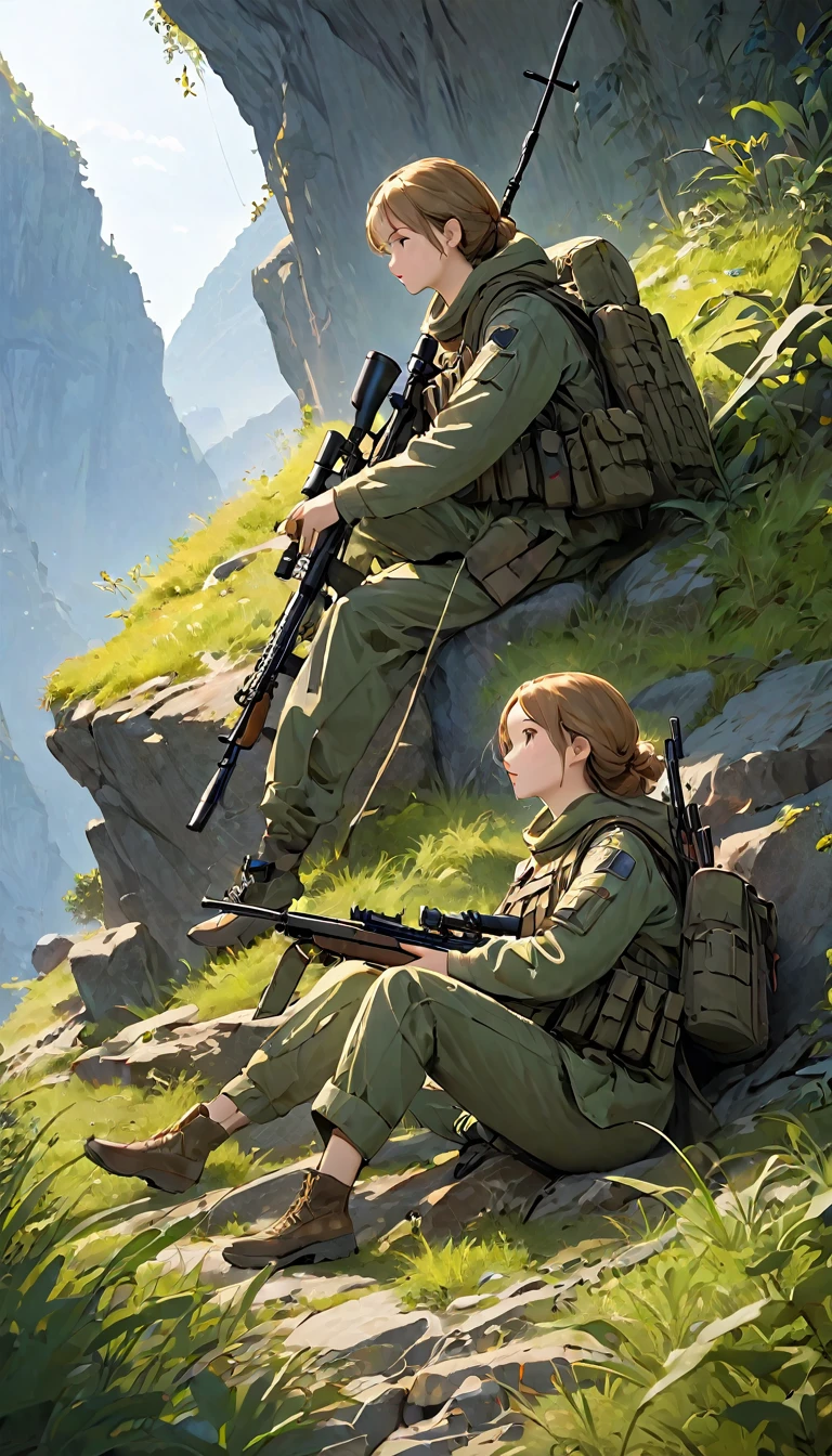 Highest quality、masterpiece、((Highly detailed CG integrated 8K wallpaper)),On top of a small cliff、(((One man and one woman:1.37)))、(((Male spotter、Female Sniper)))、Two-man Cell:1.2、Sniper and Spotter:1.2、(((Spotter observing、Sniper taking a nap)))、Ghillie Suit、