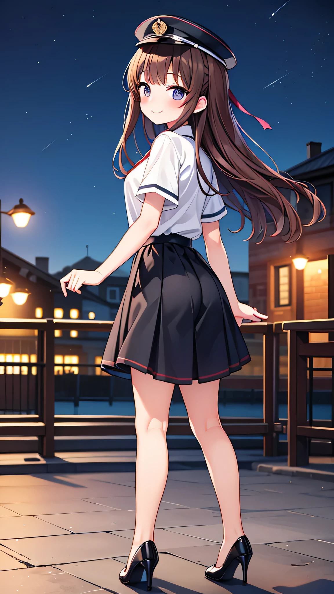 {Highest quality}, {Super beautiful},{Ultra fine},{Best illustration},Brown Hair,Hime cut,semi-long,Bangs,Standing Woman,Uniform cap,White Shirt,Short sleeve,Long black skirt,Night Park,Embarrassed,smilingly,Blushing,Slender women, A woman wearing plain black pumps,Bare feet and pumps,From an angle,From above,Inner thighs