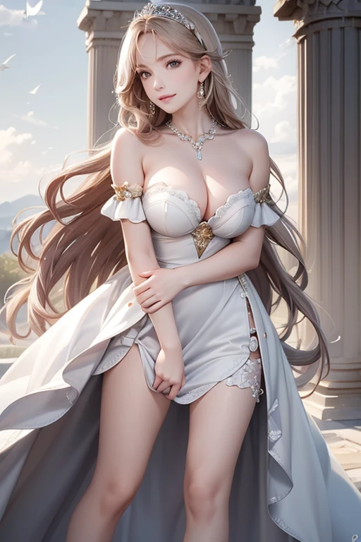 (Highest quality,High resolution,masterpiece,8k),Bright and vibrant colors,Official artwork,Standing posture,(above the knee shot),Stylish makeup,Silver blonde medium-long hair fluttering in the wind、tiara,necklace,Captivating eyes,Glossy Lips,Off the shoulder、White lace dress,Cute girl with ample breasts,Beautiful neckline, Holding,(Captivating smile),Solemn atmosphere,Greek Mythology,An ancient and majestic temple、Digital Art,Detailed CG,