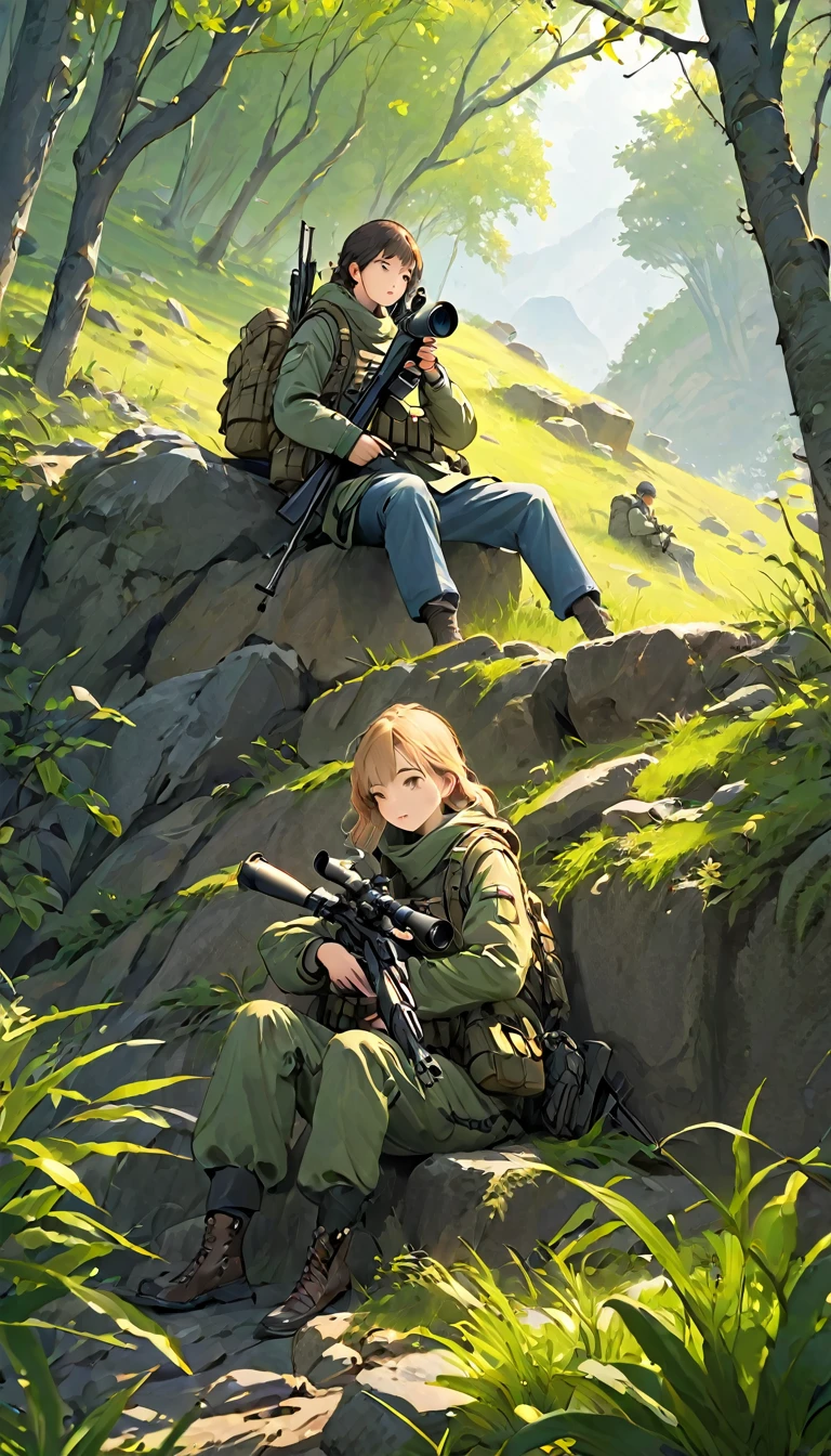 Highest quality、masterpiece、((Highly detailed CG integrated 8K wallpaper)),On top of a small cliff、(((One man and one woman:1.37)))、(((Male spotter、Female Sniper)))、Two-man Cell:1.2、Sniper and Spotter:1.2、(((Spotter observing、Sniper taking a nap)))、Ghillie Suit、