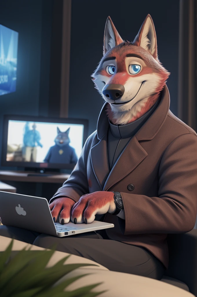 Joachim Wolfbach (Zootopia),tall handsome, wolf,young, 24 years, brown fur,(red body:1.3),Blue eyes, Moscow Dressed,Catholic priest of the Roman Catholic Church, canine, wolf, detailed fur, Male, antro, paw pads, finger claws,holding a laptop, at viewer, 5 fingers, paws, 5 fingers, smile, happy, resting, wrist watch, т nextel, sitting at home watching TV, by xenoforge, (difficult, high detail, film photography, soft focus, RAW, pilot by training,smile смех 
фотореализм, realistic, photorealistic, analog style, subsurface scattering, 
masterpiece, Best quality, ultra realistic, 8 K)