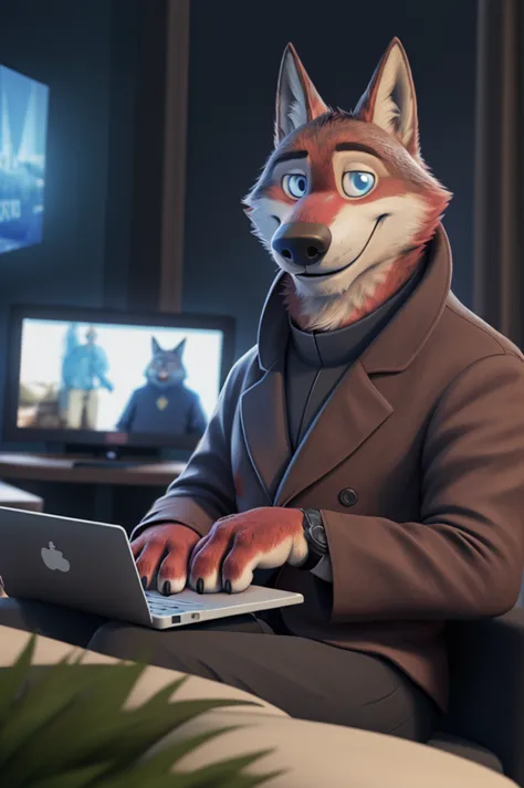 Joachim Wolfbach (Zootopia),tall handsome, wolf,young, 24 years, brown fur,(red body:1.3),Blue eyes, Moscow Dressed,Catholic pri...