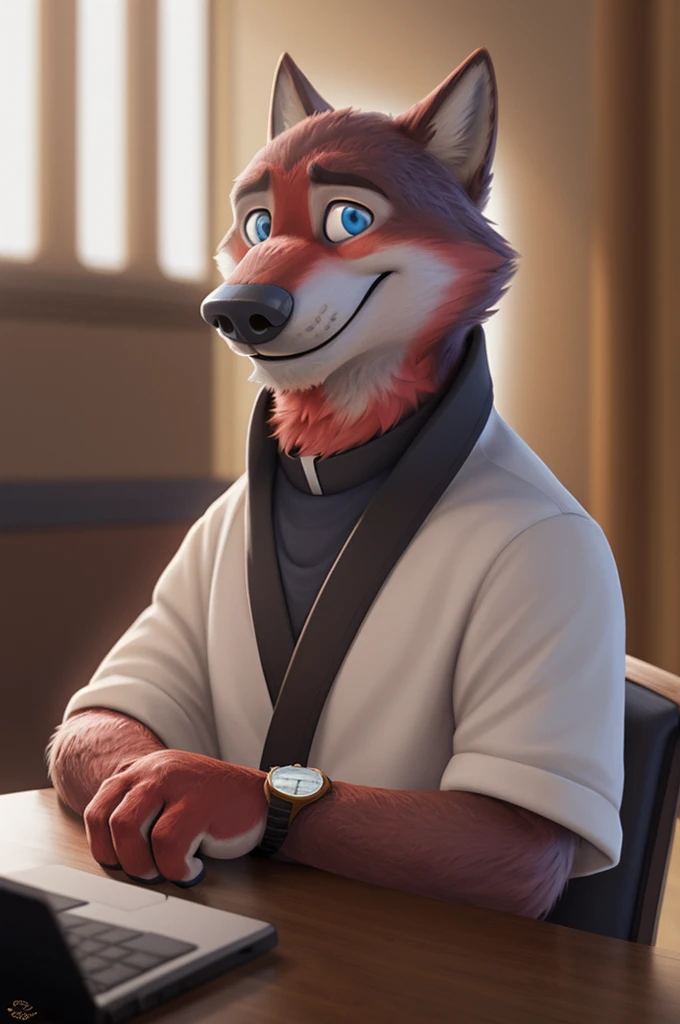 Joachim Wolfbach (Zootopia),tall handsome, wolf,young, 24 years, brown fur,(red body:1.3),Blue eyes, Moscow Dressed,Catholic priest of the Roman Catholic Church, canine, wolf, detailed fur, Male, antro, paw pads, finger claws,holding a laptop, at viewer, 5 fingers, paws, 5 fingers, smile, happy, resting, wrist watch, т nextel, sitting at home watching TV, by xenoforge, (difficult, high detail, film photography, soft focus, RAW, pilot by training,smile смех 
фотореализм, realistic, photorealistic, analog style, subsurface scattering, 
masterpiece, Best quality, ultra realistic, 8 K)