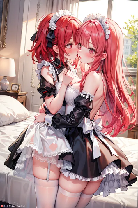 masterpiece, best quality, nsfw,
 2girl, kiss, 
 maid clothes, white panties, white garter belt, red hair, embarrassed face, 
 b...