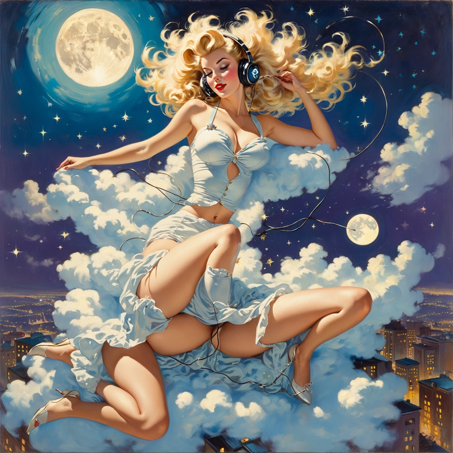 A Gil Elvgren pin-up style painting of a beautiful blonde woman with big messy hair,  floating on a cloud gracefully laying on the cloud, wearing headphones, with moon light, twinkling stars and stardust, vibrant and colorful, full body shot, looking down at a small city at night, cityscape 