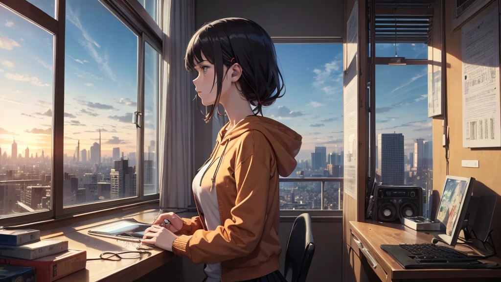 Ultra-high resolution, 8k, (Official Art, beautifully、mysterious:1.2), Anime Art Wallpaper, Works by Makoto Xin Haicheng, Lofi Art Style, Lo-fi feel, Perfect human body engineering, 1 female, profile, mysteriousな瞳, Hoodie, uniform and short skirt, Shiny long black hair, Larger than average bust, Listening to music through headphones, Looking out the window, City Room, A room for music lovers, city view from the window, Impressive cityscape, Bright Sky, meteor, Wide angle, Before dusk