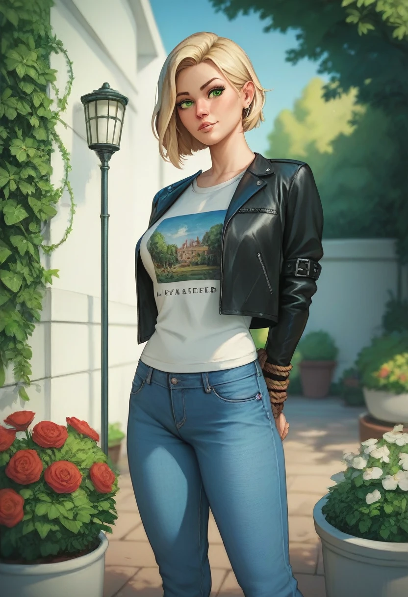 Masterpiece , highly detailed , best quality , perfect face , green eyes , fubuki , wearing black leather jacket over white printed t-shirt and blue jeans , in garden , arms bound behind back with rope , looking at camera , standing still 