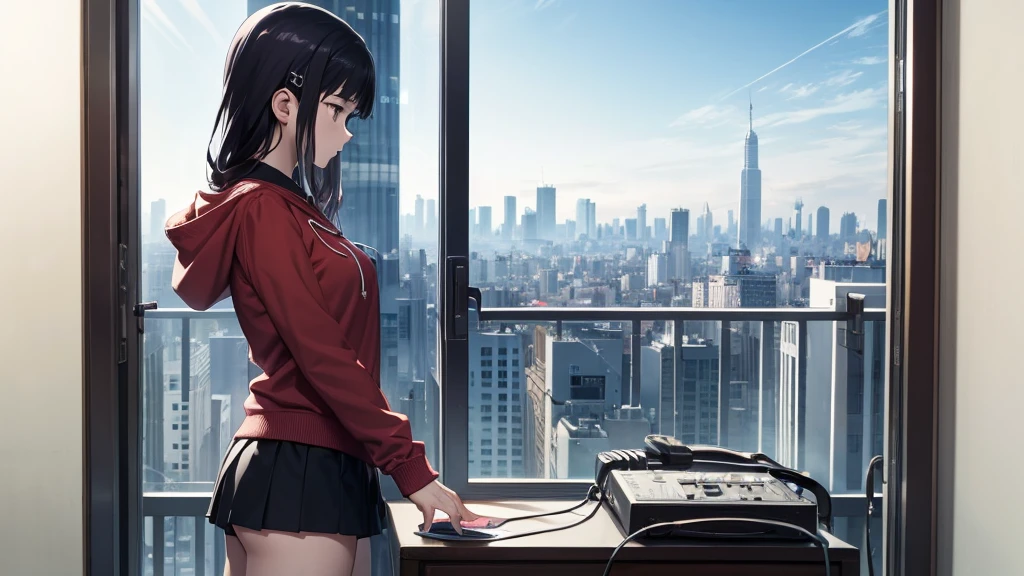 Ultra-high resolution, 8k, (Official Art, beautifully、mysterious:1.2), Anime Art Wallpaper, Works by Makoto Xin Haicheng, Lofi Art Style, Lo-fi feel, Perfect human body engineering, 1 female, profile, mysteriousな瞳, Hoodie, uniform and short skirt, Shiny long black hair, Larger than average bust, Listening to music through headphones, Looking out the window, City Room, A room for music lovers, city view from the window, Impressive cityscape, Bright Sky, meteor, Wide angle, Before dusk