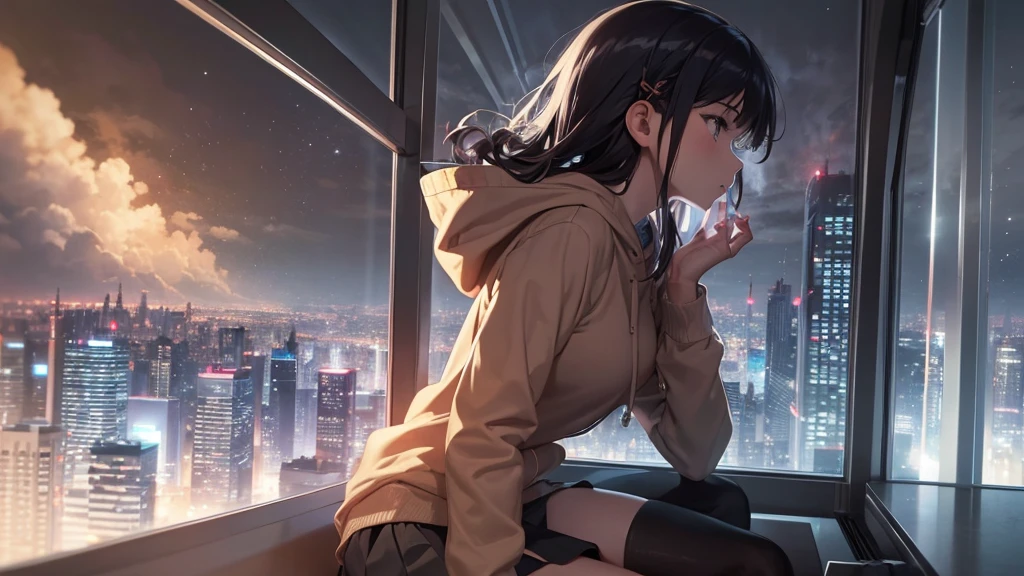 Ultra-high resolution, 8k, (Official Art, beautifully、mysterious:1.2), Anime Art Wallpaper, Works by Makoto Xin Haicheng, Lofi Art Style, Lo-fi feel, Perfect human body engineering, 1 female, profile, mysteriousな瞳, Hoodie, uniform and short skirt, Shiny long black hair, Larger than average bust, Listening to music through headphones, Looking out the window, City Room, A room for music lovers, city view from the window, Impressive cityscape, Bright Sky, meteor, Wide angle, Before dusk