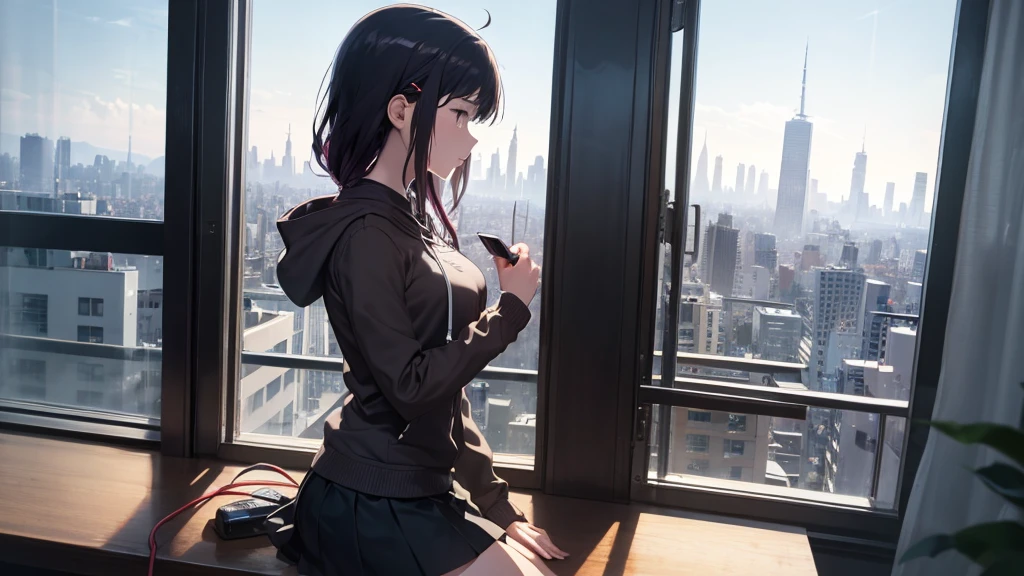 Ultra-high resolution, 8k, (Official Art, beautifully、mysterious:1.2), Anime Art Wallpaper, Works by Makoto Xin Haicheng, Lofi Art Style, Lo-fi feel, Perfect human body engineering, 1 female, profile, mysteriousな瞳, Hoodie, uniform and short skirt, Shiny long black hair, Larger than average bust, Listening to music through headphones, Looking out the window, City Room, A room for music lovers, city view from the window, Impressive cityscape, Bright Sky, meteor, Wide angle, Before dusk