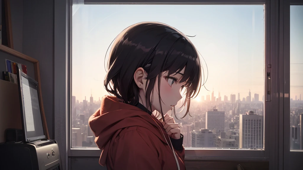 Ultra-high resolution, 8k, (Masterpiece, beautifully、mysterious:1.2), beautiful, Works by Makoto Xin Haicheng, Lofi Art Style, Lo-fi feel, Perfect human body engineering, 1 female, profile, mysteriousな瞳, Hoodie, uniform and short skirt, Shiny long black hair, Larger than average bust, Listening to music through headphones, Looking out the window, City Room, A room for music lovers, city view from the window, Impressive cityscape, Bright Sky, meteor, Wide angle, Before dusk