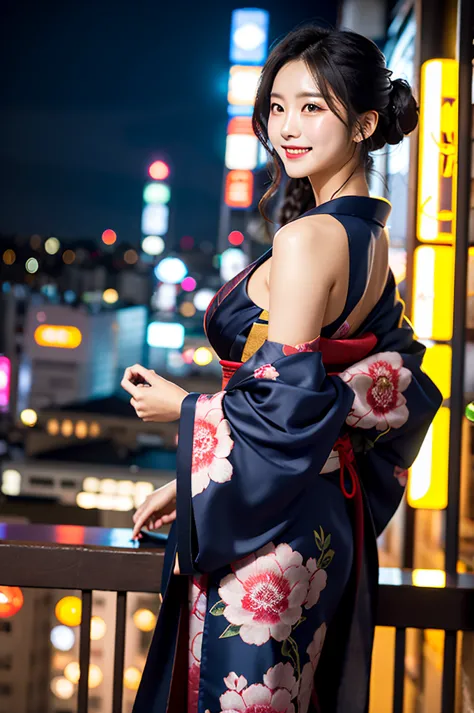 create an image of a stunning japanese beauty in a captivating, sensuous setting. she's at an exclusive, late-night tokyo roofto...