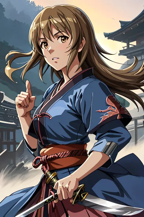 highest quality，high resolution， (((yukiho hagiwara))) ，((idolmaster)) ，（fan），one person，warrior，（dark blue_coat），kimono，young w...