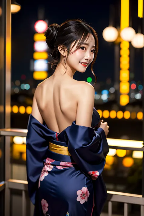 create an image of a stunning japanese beauty in a captivating, sensuous setting. she's at an exclusive, late-night tokyo roofto...