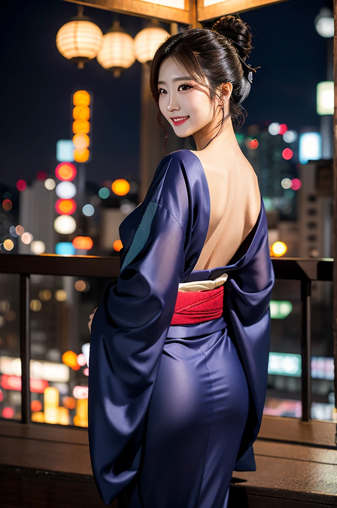 Create an image of a stunning Japanese beauty in a captivating, sensuous setting. She's at an exclusive, late-night Tokyo rooftop party, under a sky filled with dazzling neon lights. Her outfit is a modern take on traditional kimono, tailored to accentuate her elegant figure, with fabric that subtly hints at the curves beneath. The kimono is artfully disheveled, suggesting a carefree spirit. Her hair is styled in a chic, yet disheveled updo, with a few strands playfully caressing her face. She holds a delicate, antique-looking fan, partially covering her alluring smile. The lighting is moody and atmospheric, highlighting her striking features and the smooth texture of her skin. She's glancing over her shoulder, her eyes brimming with a mix of mystery and invitation. The background is a blur of city lights and shadowed figures, focusing all attention on her mesmerizing presence.