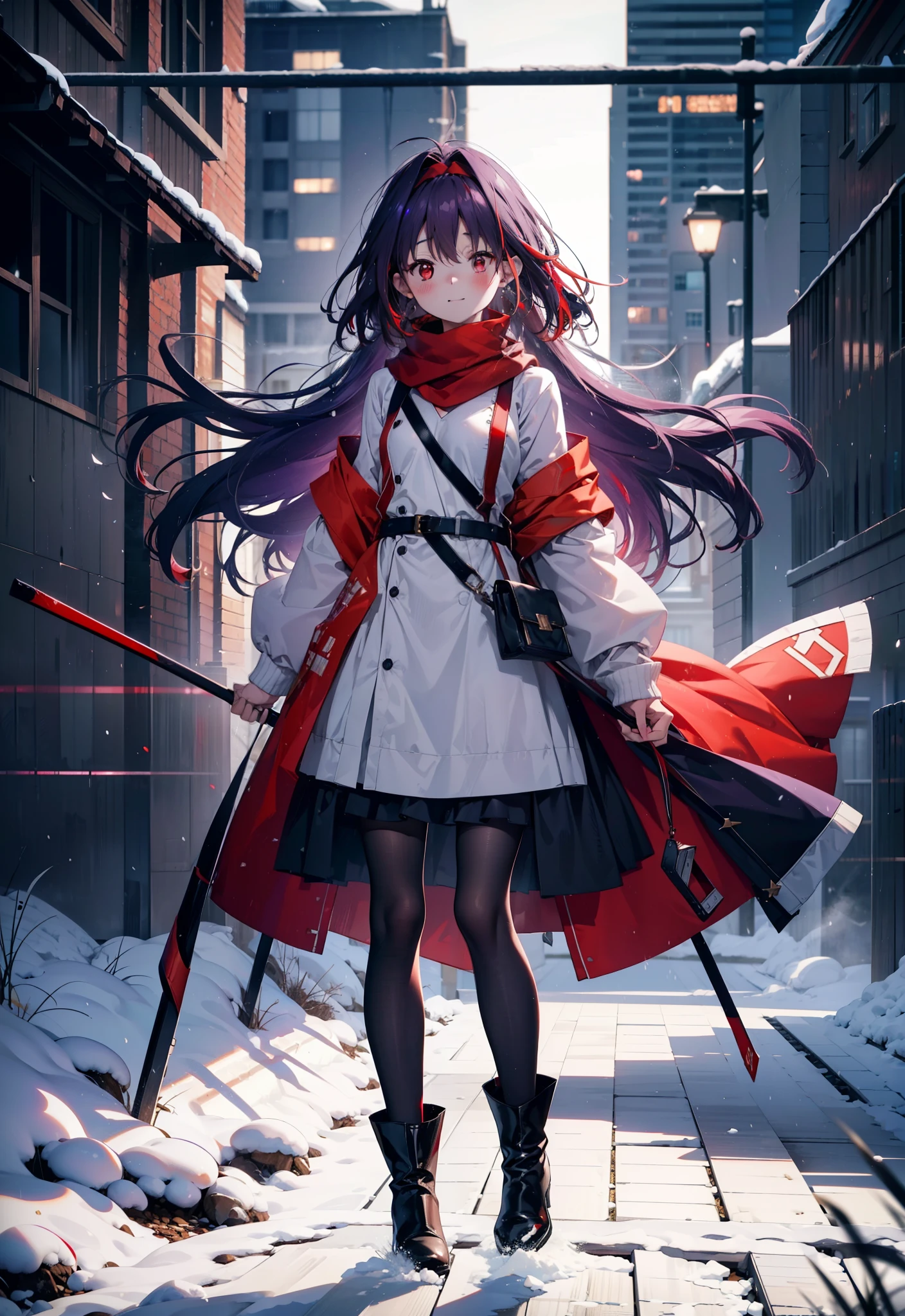 yuukikonno, Yuki Konno, hair band, Long Hair, Pointed Ears, Purple Hair, (Red eyes:1.5), (Small breasts:1.2),blush, smile,Open your mouth,white breath,Red Scarf,Purple long coat,V-neck sweater,Long skirt,Black Pantyhose,short boots,Standing leaning against a wall,Snow is piling up,that&#39;it&#39;s snowing,whole bodyがイラスト入るように,Hiding in a roofed building,
break outdoors, construction area,
break looking at viewer, whole body,
break (masterpiece:1.2), Highest quality, High resolution, unity 8k wallpaper, (shape:0.8), (Beautiful attention to detail:1.6), Highly detailed face, Perfect lighting, Extremely detailed CG, (Perfect hands, Perfect Anatomy),