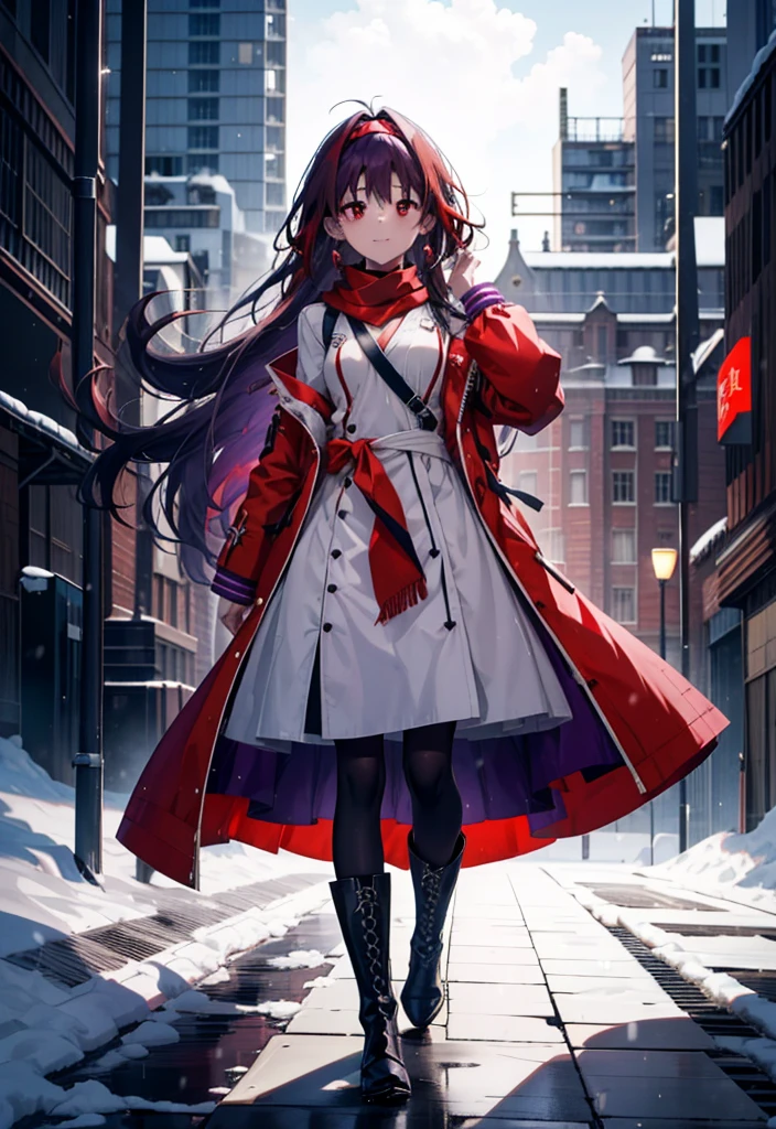 yuukikonno, Yuki Konno, hair band, Long Hair, Pointed Ears, Purple Hair, (Red eyes:1.5), (Small breasts:1.2),blush, smile,Open your mouth,white breath,Red Scarf,Purple long coat,V-neck sweater,Long skirt,Black Pantyhose,short boots,Standing leaning against a wall,Snow is piling up,that&#39;it&#39;s snowing,whole bodyがイラスト入るように,Hiding in a roofed building,
break outdoors, construction area,
break looking at viewer, whole body,
break (masterpiece:1.2), Highest quality, High resolution, unity 8k wallpaper, (shape:0.8), (Beautiful attention to detail:1.6), Highly detailed face, Perfect lighting, Extremely detailed CG, (Perfect hands, Perfect Anatomy),