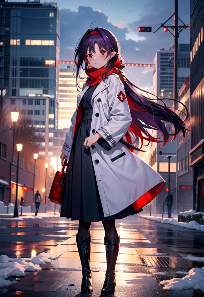 yuukikonno, Yuki Konno, hair band, Long Hair, Pointed Ears, Purple Hair, (Red eyes:1.5), (Small breasts:1.2),blush, smile,Open your mouth,white breath,Red Scarf,Purple long coat,V-neck sweater,Long skirt,Black Pantyhose,short boots,Standing leaning against a wall,Snow is piling up,that&#39;it&#39;s snowing,whole bodyがイラスト入るように,Hiding in a roofed building,
break outdoors, construction area,
break looking at viewer, whole body,
break (masterpiece:1.2), Highest quality, High resolution, unity 8k wallpaper, (shape:0.8), (Beautiful attention to detail:1.6), Highly detailed face, Perfect lighting, Extremely detailed CG, (Perfect hands, Perfect Anatomy),