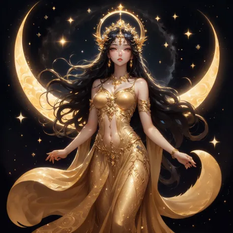 a woman in a golden dress stands in front of a starry sky., celestial goddess, beautiful heavenly mage, gorgeous goddess of leo,...