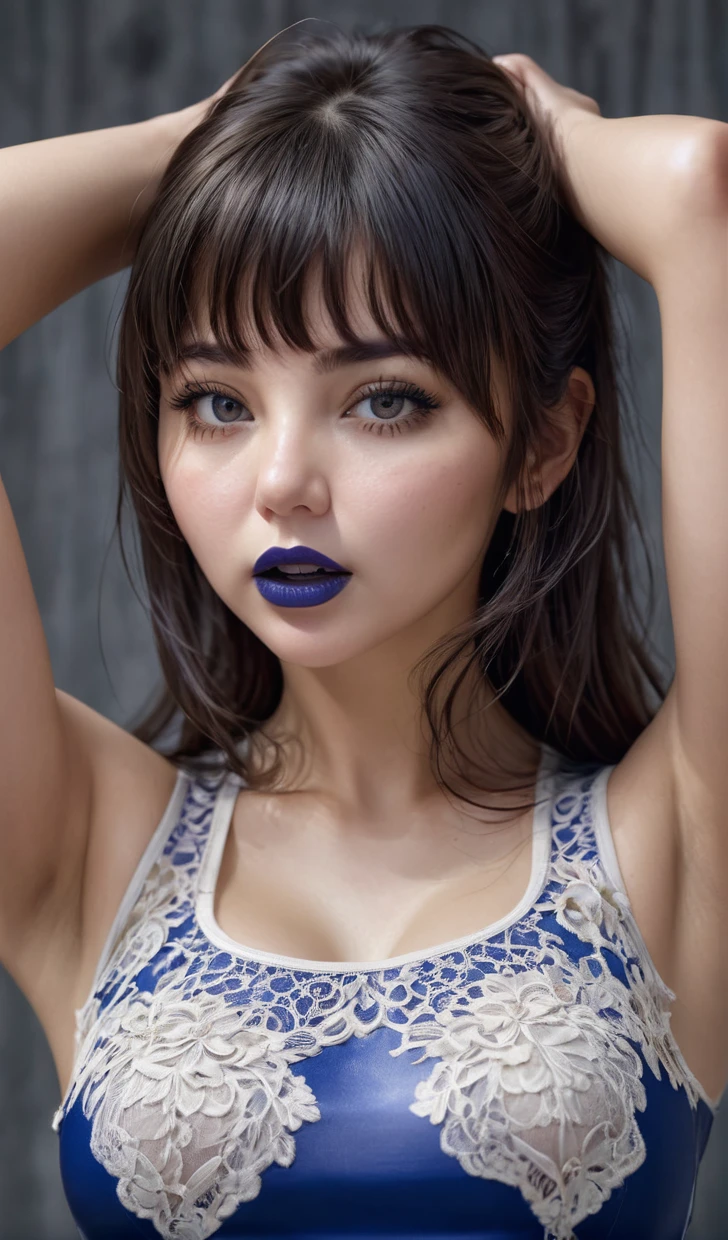 (Masterpiece, Best Quality, Photorealistic: 1.3), 1 girl, Beautiful eye details, Beautiful lips details, Cute, tshirt, open mouth, plump, white skin, tight shirt, seductive, ((bangs hair, hair covering eyes, blue lipstick, slim lace, Brown dress: 1.3)), squatting cowgirl, (sensual, when moaning: 1.3), messy black hair, sweaty body, upper body shot, put hands on the head, armpit, solo focus , depth of field, volumetric lighting, perfect view, (dynamic pose:1.2), (from above:1.2), best quality, photo realistic, masterpiece, facial expressions,  surprised expression, high resolution