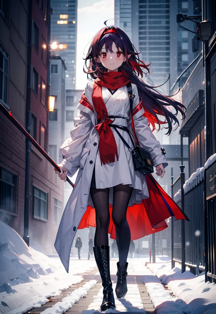 yuukikonno, Yuki Konno, hair band, Long Hair, Pointed Ears, Purple Hair, (Red eyes:1.5), (Small breasts:1.2),blush, smile,Open your mouth,white breath,Red Scarf,Purple long coat,V-neck sweater,Long skirt,Black Pantyhose,short boots,Standing leaning against a wall,Snow is piling up,that&#39;it&#39;s snowing,whole bodyがイラスト入るように,Walking,evening,sunset,
break outdoors, construction area,
break looking at viewer, whole body,
break (masterpiece:1.2), Highest quality, High resolution, unity 8k wallpaper, (shape:0.8), (Beautiful attention to detail:1.6), Highly detailed face, Perfect lighting, Extremely detailed CG, (Perfect hands, Perfect Anatomy),