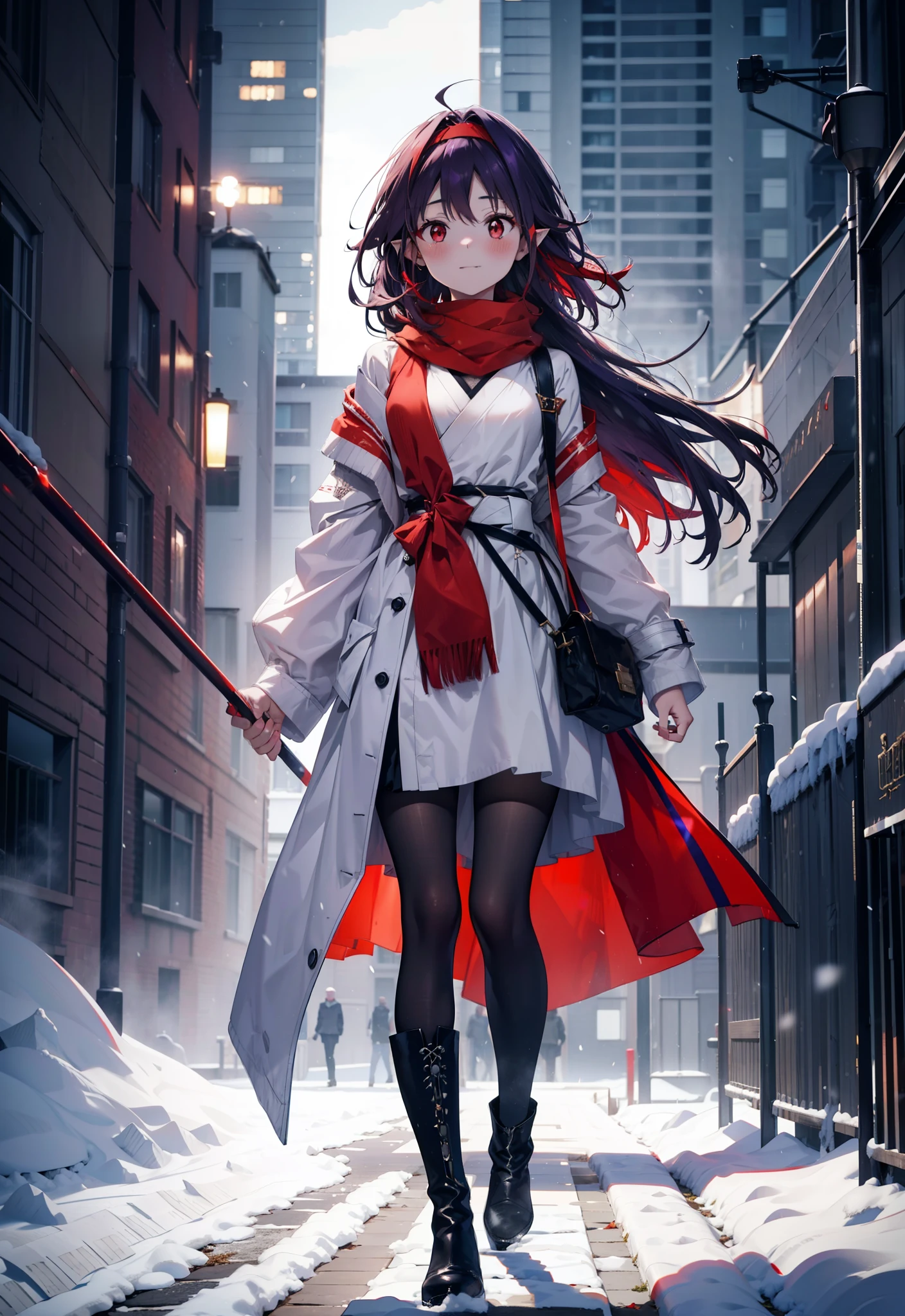 yuukikonno, Yuki Konno, hair band, Long Hair, Pointed Ears, Purple Hair, (Red eyes:1.5), (Small breasts:1.2),blush, smile,Open your mouth,white breath,Red Scarf,Purple long coat,V-neck sweater,Long skirt,Black Pantyhose,short boots,Standing leaning against a wall,Snow is piling up,that&#39;it&#39;s snowing,whole bodyがイラスト入るように,Walking,evening,sunset,
break outdoors, construction area,
break looking at viewer, whole body,
break (masterpiece:1.2), Highest quality, High resolution, unity 8k wallpaper, (shape:0.8), (Beautiful attention to detail:1.6), Highly detailed face, Perfect lighting, Extremely detailed CG, (Perfect hands, Perfect Anatomy),