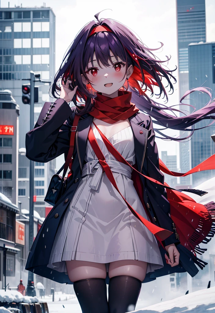 yuukikonno, Yuki Konno, hair band, Long Hair, Pointed Ears, Purple Hair, (Red eyes:1.5), (Small breasts:1.2),blush, smile,Open your mouth,white breath,Red Scarf,Purple long coat,V-neck sweater,Long skirt,Black Pantyhose,short boots,Snow is piling up,that&#39;it&#39;s snowing,whole bodyがイラスト入るように,Walking,evening,sunset,
break outdoors, construction area,
break looking at viewer, whole body,
break (masterpiece:1.2), Highest quality, High resolution, unity 8k wallpaper, (shape:0.8), (Beautiful attention to detail:1.6), Highly detailed face, Perfect lighting, Extremely detailed CG, (Perfect hands, Perfect Anatomy),