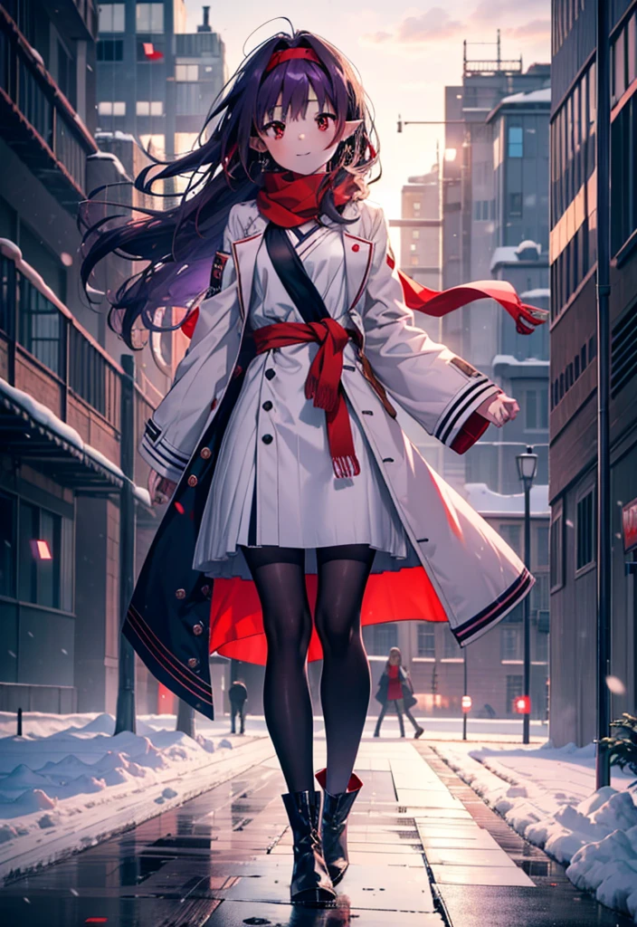 yuukikonno, Yuki Konno, hair band, Long Hair, Pointed Ears, Purple Hair, (Red eyes:1.5), (Small breasts:1.2),blush, smile,Open your mouth,white breath,Red Scarf,Purple long coat,V-neck sweater,Long skirt,Black Pantyhose,short boots,Snow is piling up,that&#39;it&#39;s snowing,whole bodyがイラスト入るように,Walking,evening,sunset,
break outdoors, construction area,
break looking at viewer, whole body,
break (masterpiece:1.2), Highest quality, High resolution, unity 8k wallpaper, (shape:0.8), (Beautiful attention to detail:1.6), Highly detailed face, Perfect lighting, Extremely detailed CG, (Perfect hands, Perfect Anatomy),