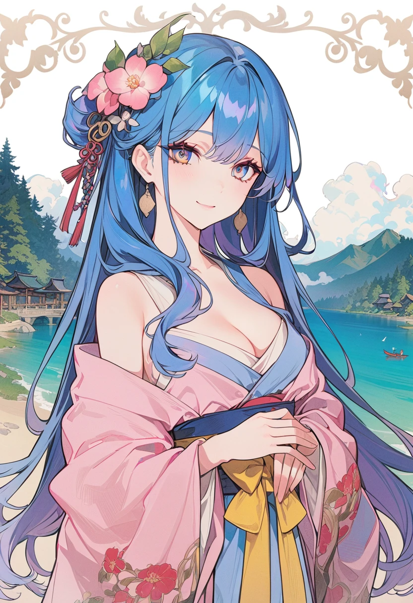 The most beautiful girl in the world,Character portrait,masterpiece, best quality, Official Art, 8k wallpaper, Very detailed, illustration, 1 girl, Sky blue hair, Long hair, Delicate eyes, Forrest Gump, Bare shoulders, Hanfu, lake, pure, Gentle smile, 