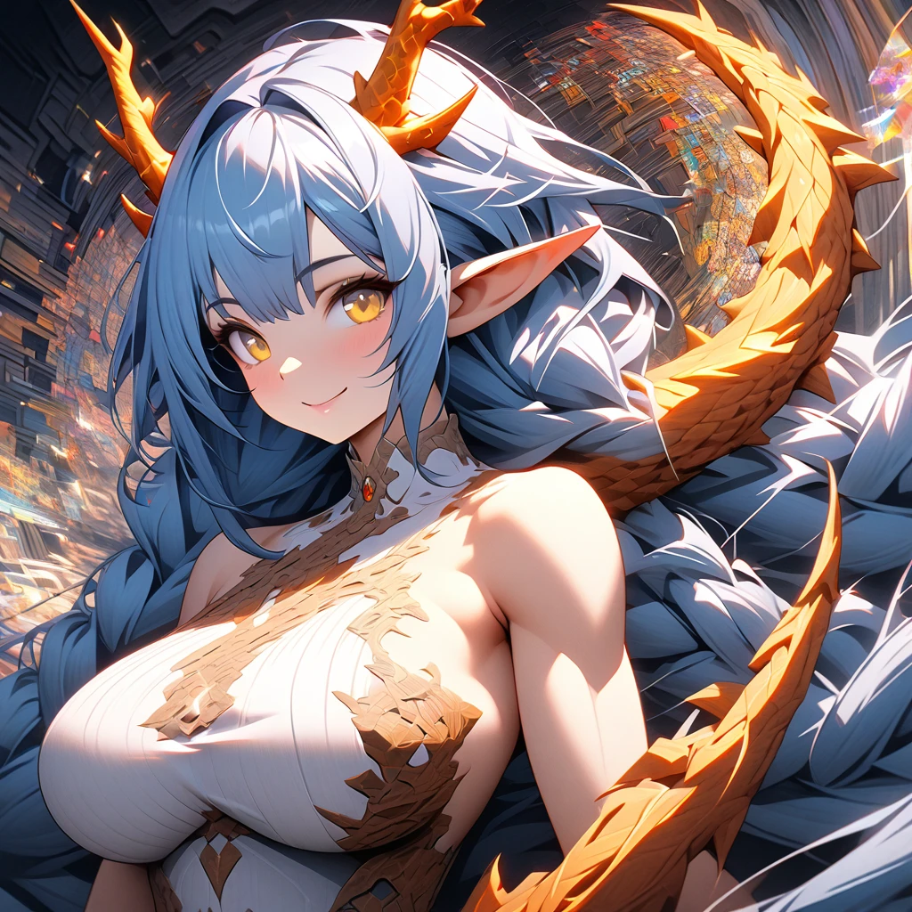 (beautiful and aesthetic:1.2), (1girl), extreme detailed,(fractal art:1.3), icon, cute young girl, light blue hair, long hair, small braids hair, yellow eyes, elf ears, dragon tail, dragon thorn, muscular body, big breast, smile