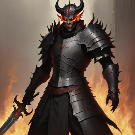 Develop a male demon prince with dark armor and a burning sword