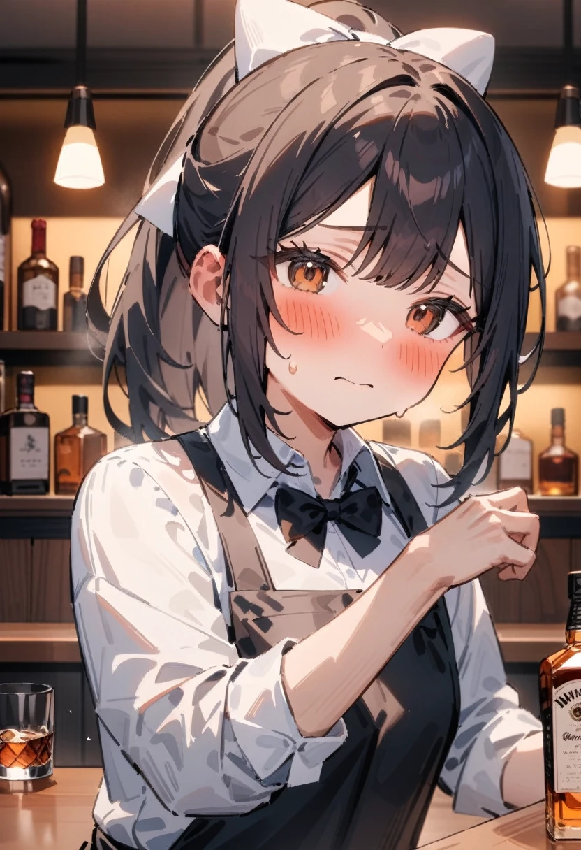 masterpiece, best quality, very aesthetic, absurdres, newest, 1girl, solo, long hair, looking at viewer, tareme, blush, drunk, shirt, black hair, long sleeves, bow, brown eyes, closed mouth, white shirt, upper body, ponytail, hair bow, sidelocks, collared shirt, indoors, hand up, bowtie, sweatdrop, apron, cup, black bow, bottle, white bow, alcohol, sleeves rolled up, drinking glass, black bowtie, bar \(place\), black apron, counter, bartender, whiskey