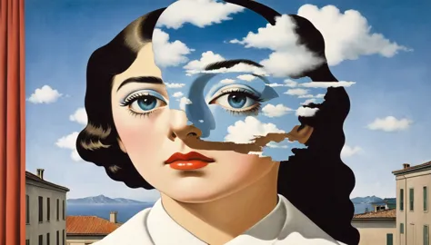 rene magritte，multi-layer collage，有一张女人脸的拼贴paintingpainting，there are many different things on the face，geometric dislocation，拼贴...