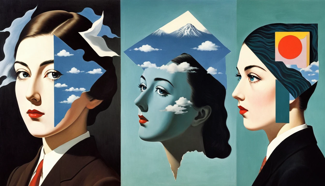 rene magritte，Multi-layer collage，有一张女人脸的拼贴paintingpainting，There are many different things on the face，Geometric Dislocation，拼贴painting，Artistic sense，，painting，simple，