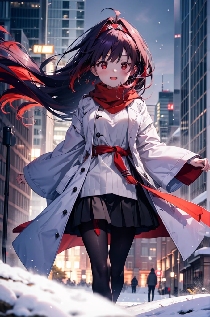 yuukikonno, Yuki Konno, hair band, Long Hair, Pointed Ears, Purple Hair,Ahoge, (Red eyes:1.5), (Small breasts:1.2),blush, smile,Open your mouth,white breath,Red Scarf,Purple long coat,sweater,Long skirt,Black Pantyhose,short boots,Snow is piling up,it&#39;s snowing,whole bodyがイラスト入るように,Walking,evening,sunset,
break outdoors, construction area,
break looking at viewer, whole body,
break (masterpiece:1.2), Highest quality, High resolution, unity 8k wallpaper, (shape:0.8), (Beautiful attention to detail:1.6), Highly detailed face, Perfect lighting, Extremely detailed CG, (Perfect hands, Perfect Anatomy),